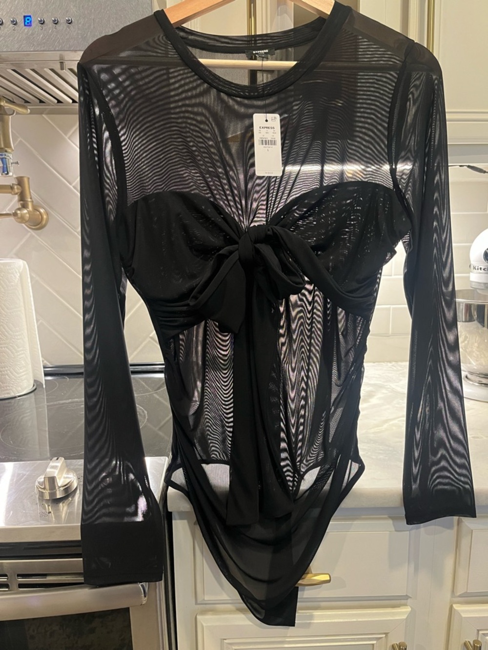 Express Black Sheer Long-Sleeve Tie-Front Top